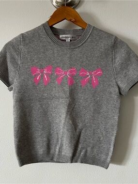 Madden Girl Gray Short-Sleeve Sweater with Pink Bow Trio Sz S